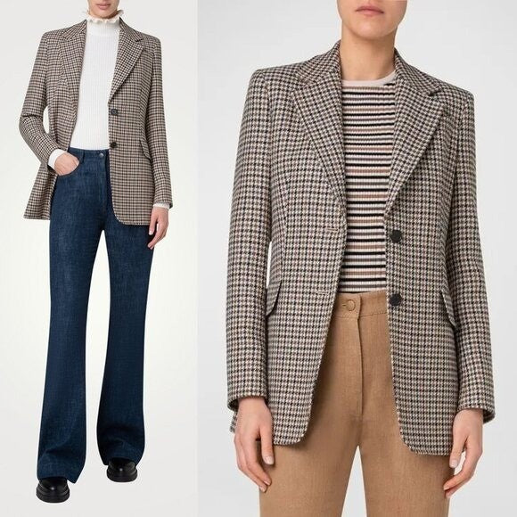 Akris Punto NEW Brown & Black Houndstooth Wool Boyfriend Blazer Size 10